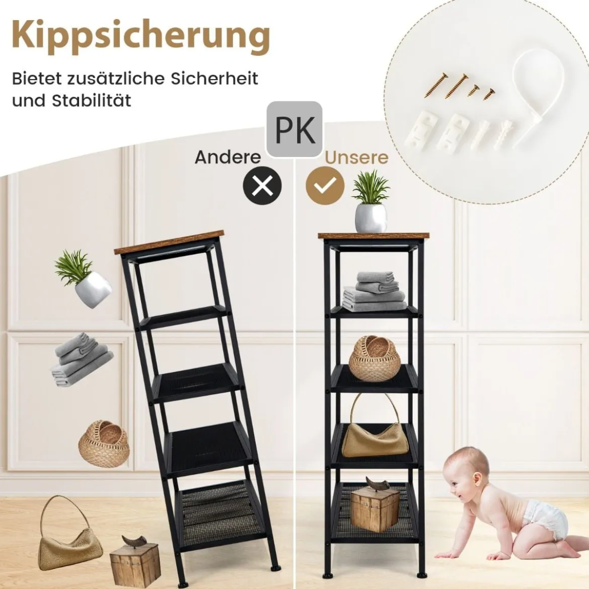 5 Ebenen Schuhregal aus Metall mit Abnehmbarer Regalen & Kippsicherung 100 x 30 x 93cm