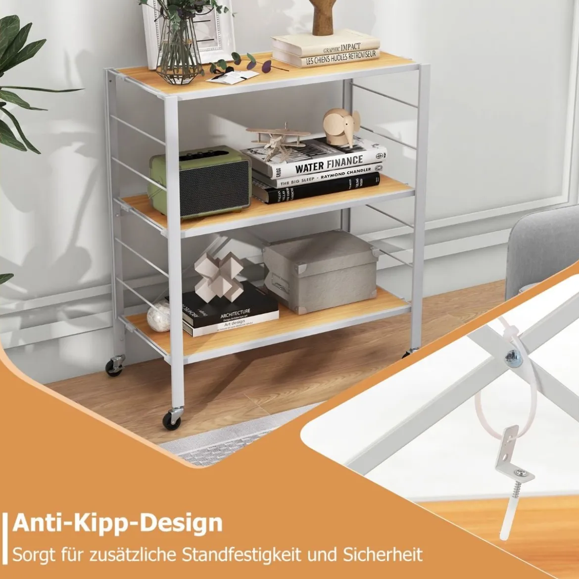 3 Ebenen Servierwagen klappbar Küchenwagen mit abnehmbaren Rädern & höhenverstellbaren Regalböden 76 x 36 x 86 cm
