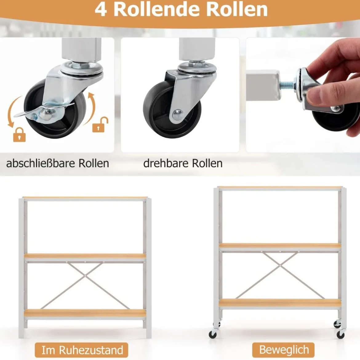 3 Ebenen Servierwagen klappbar Küchenwagen mit abnehmbaren Rädern & höhenverstellbaren Regalböden 76 x 36 x 86 cm