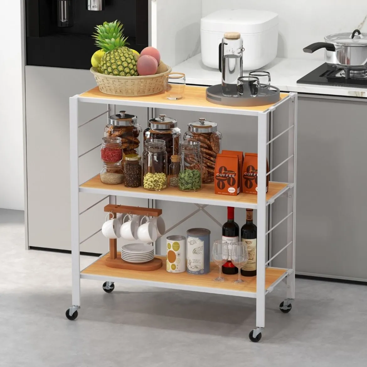 3 Ebenen Servierwagen klappbar Küchenwagen mit abnehmbaren Rädern & höhenverstellbaren Regalböden 76 x 36 x 86 cm