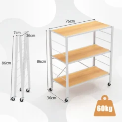 3 Ebenen Servierwagen klappbar Küchenwagen mit abnehmbaren Rädern & höhenverstellbaren Regalböden 76 x 36 x 86 cm