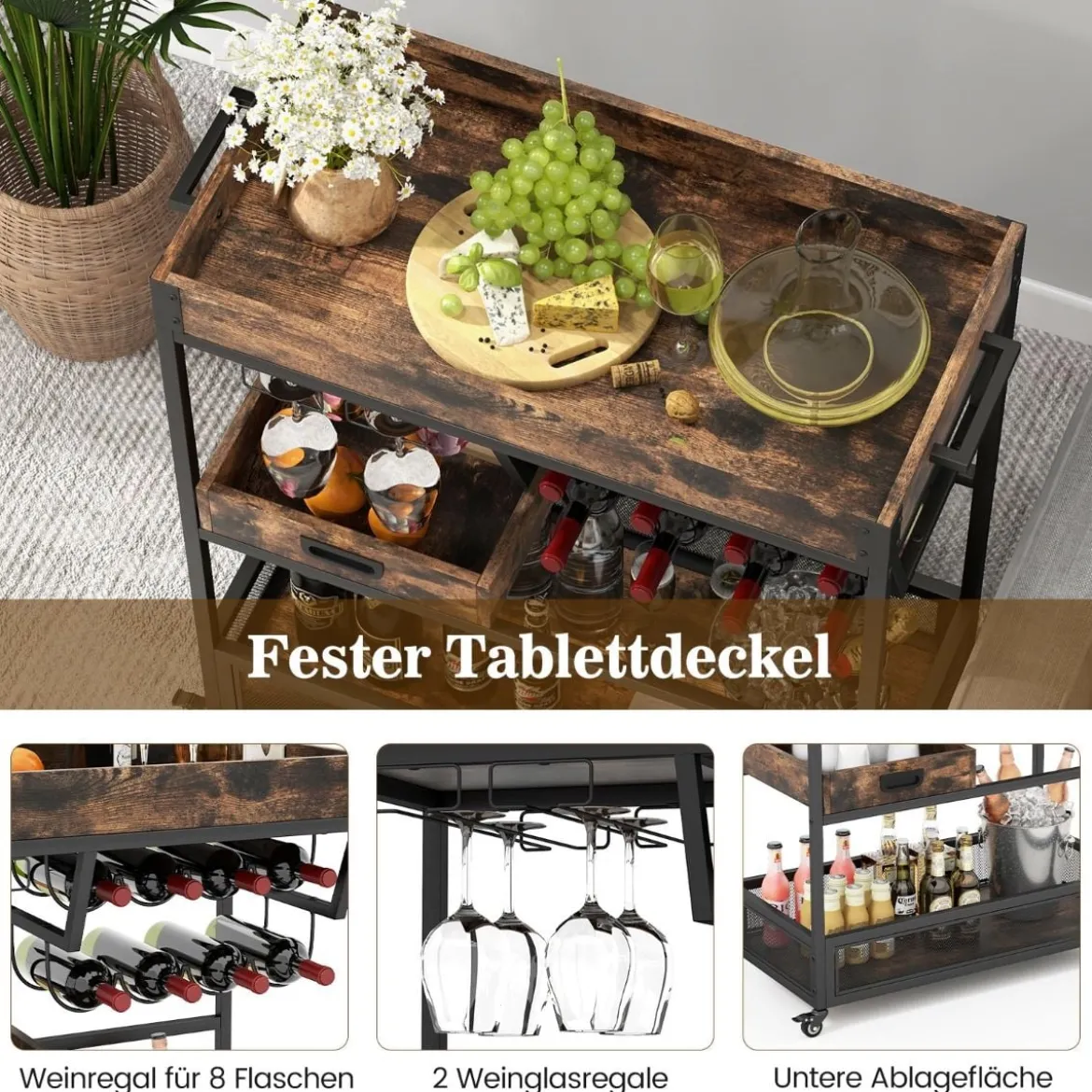 3 Ebenen Servierwagen mit Rollen & Abnehmbarer Ablage & Weinregal & Weinglashalter Braun