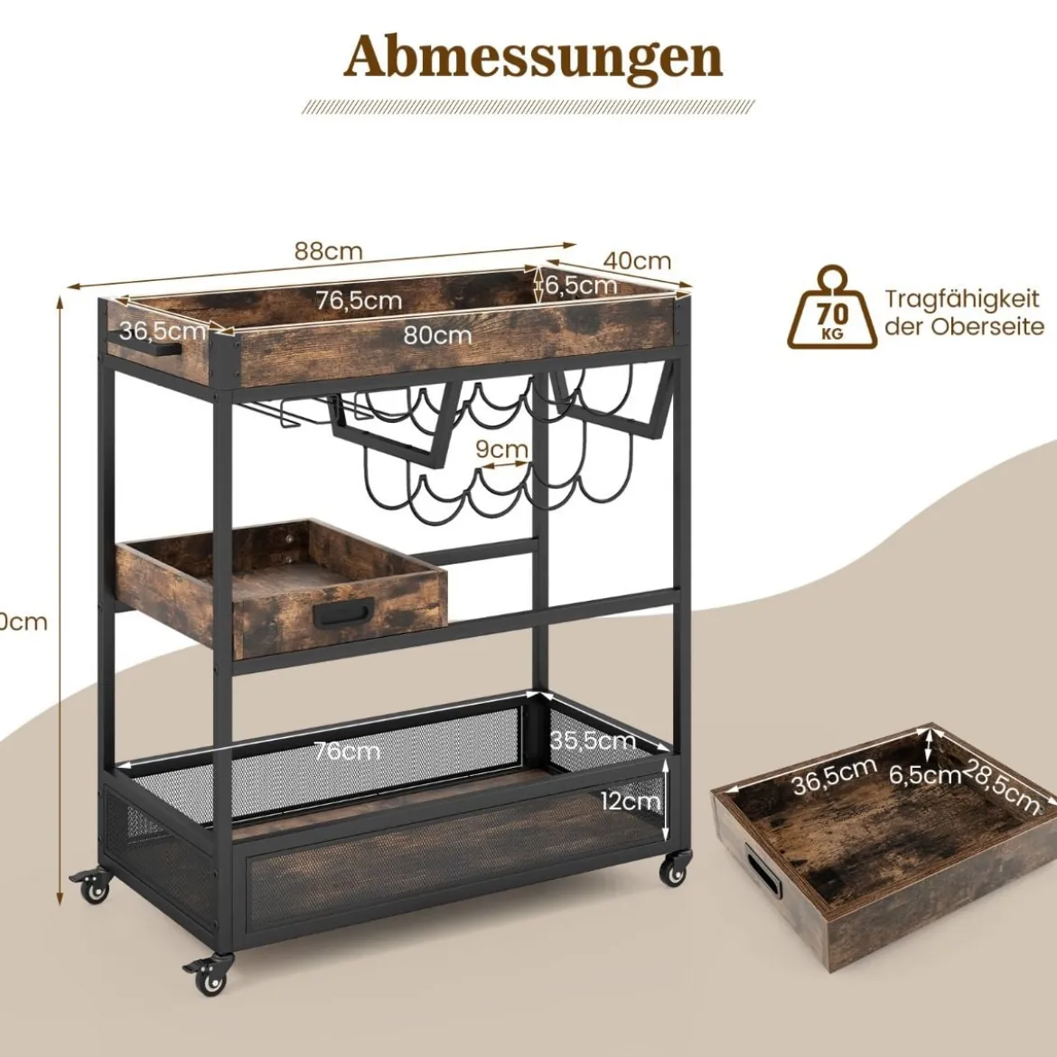 3 Ebenen Servierwagen mit Rollen & Abnehmbarer Ablage & Weinregal & Weinglashalter Braun