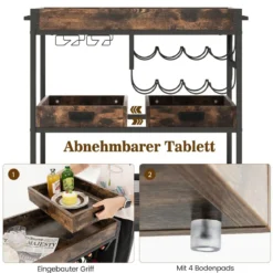 3 Ebenen Servierwagen mit Rollen & Abnehmbarer Ablage & Weinregal & Weinglashalter Braun