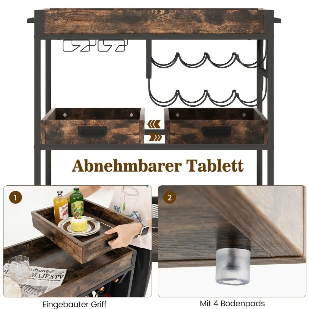 3 Ebenen Servierwagen mit Rollen & Abnehmbarer Ablage & Weinregal & Weinglashalter Braun