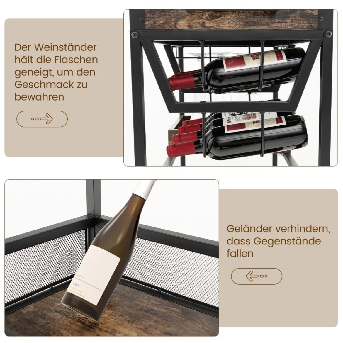 3 Ebenen Servierwagen mit Rollen & Abnehmbarer Ablage & Weinregal & Weinglashalter Braun