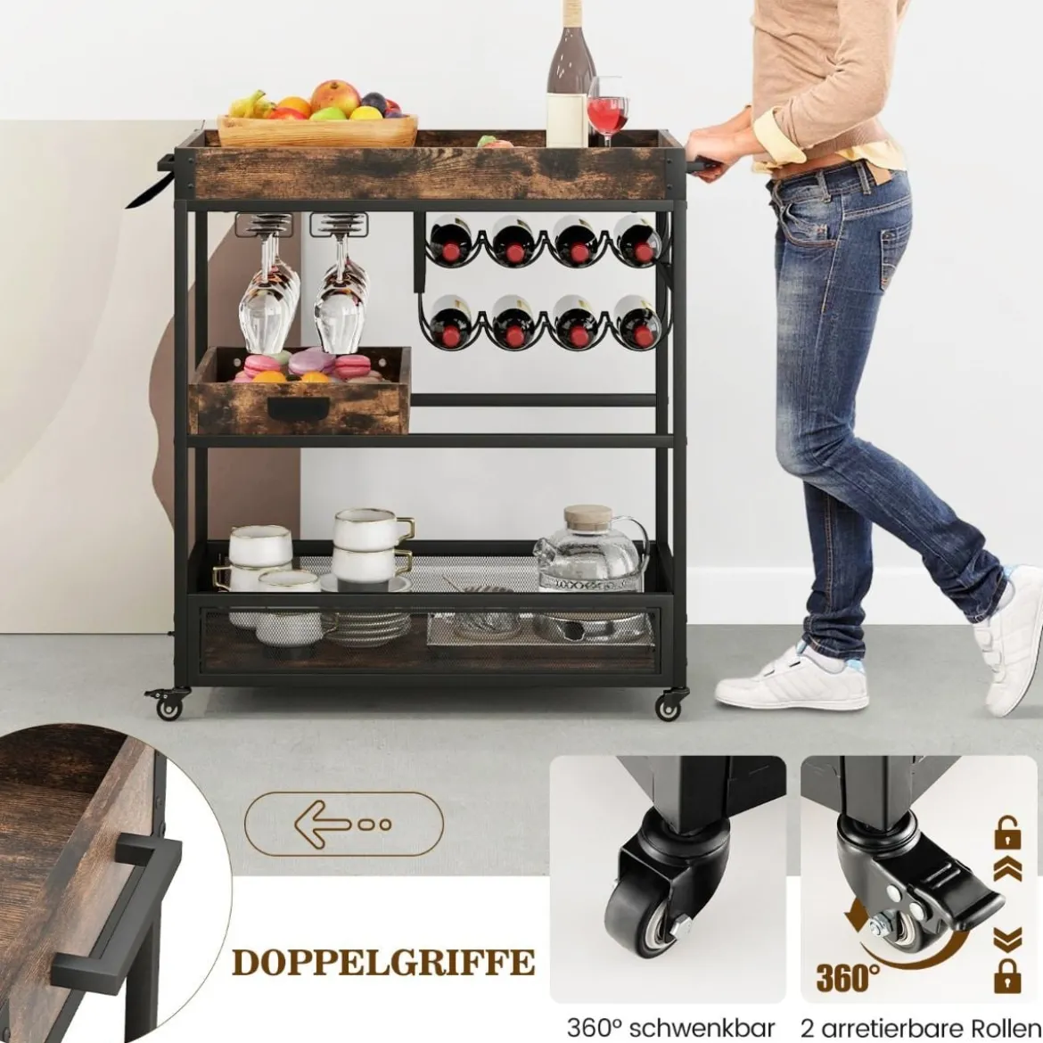 3 Ebenen Servierwagen mit Rollen & Abnehmbarer Ablage & Weinregal & Weinglashalter Braun