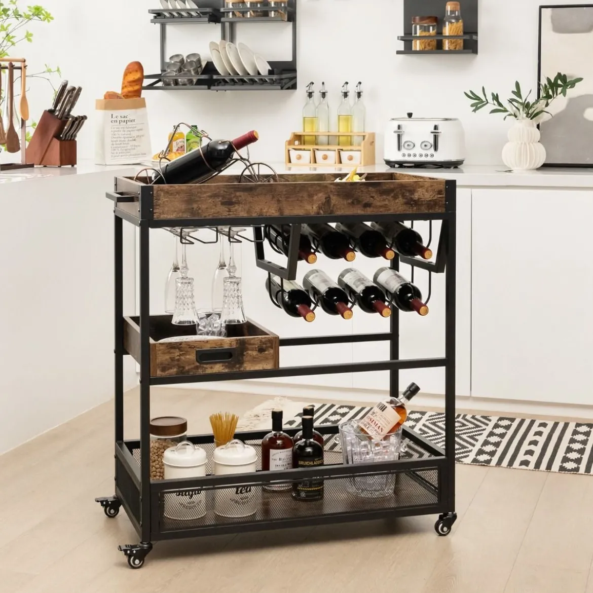 3 Ebenen Servierwagen mit Rollen & Abnehmbarer Ablage & Weinregal & Weinglashalter Braun