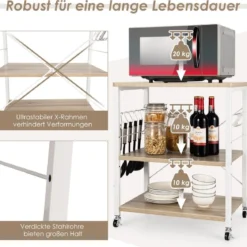3 Ebenen Servierwagen Rollwagen mit Verstellbarer Ablage & 10 abnehmbaren Haken Natur/Braun