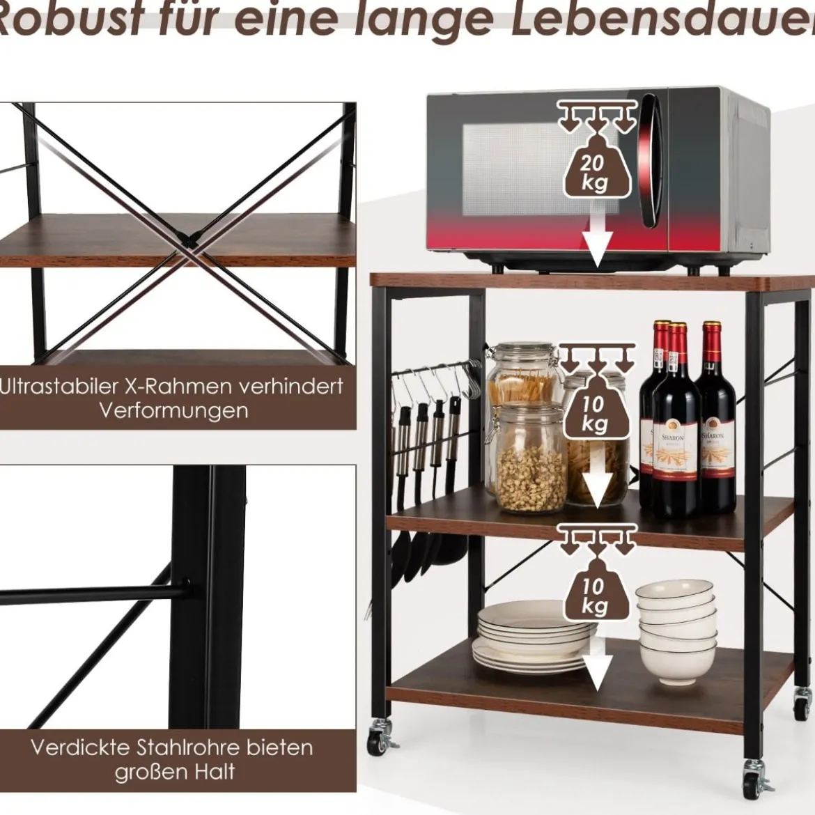 3 Ebenen Servierwagen Rollwagen mit Verstellbarer Ablage & 10 abnehmbaren Haken Natur/Braun