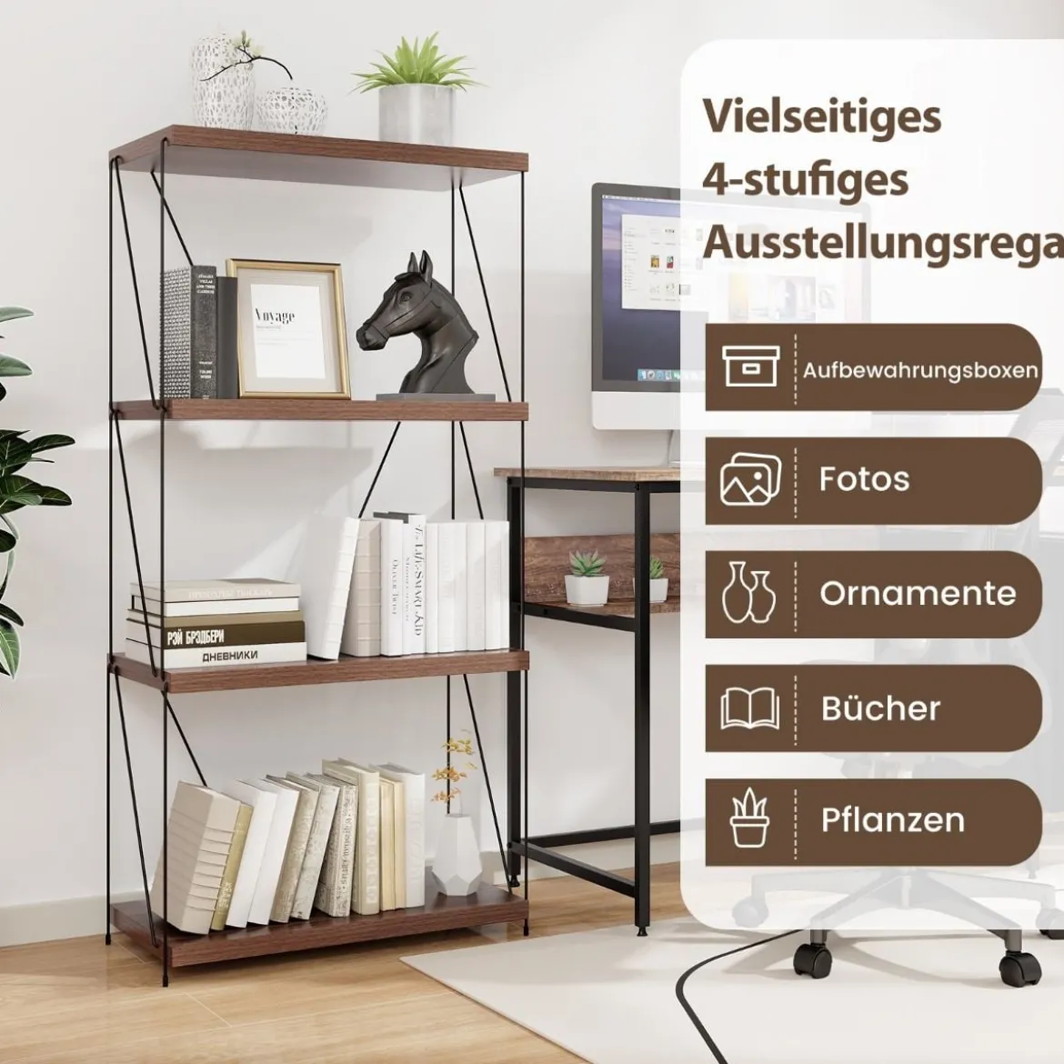 4 Ebenen Standregal mit Metallrahmen Industrielles Bücherregal Lagerregal 60 x 29,5 x 105 cm