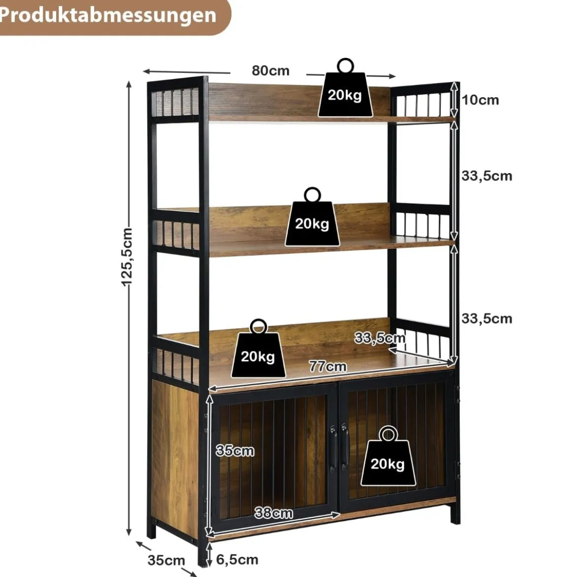 3 Ebenen Vintage Standregal mit Aufbewahrungsschrank für Küche im Industriestil 80x35x125,5cm