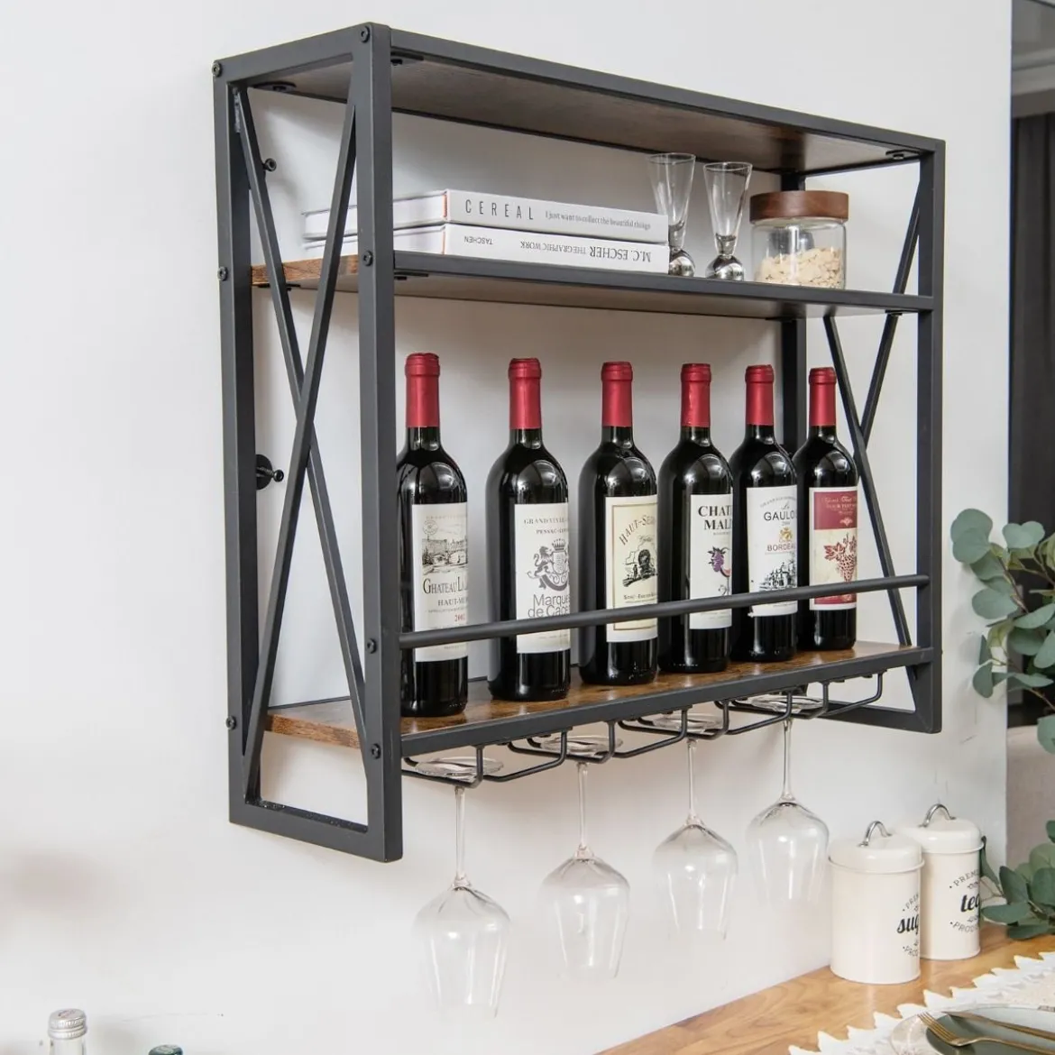 3 Ebenen Wand-Weinregal aus Metall mit Glashalter Industrial Design Rustikales Braun
