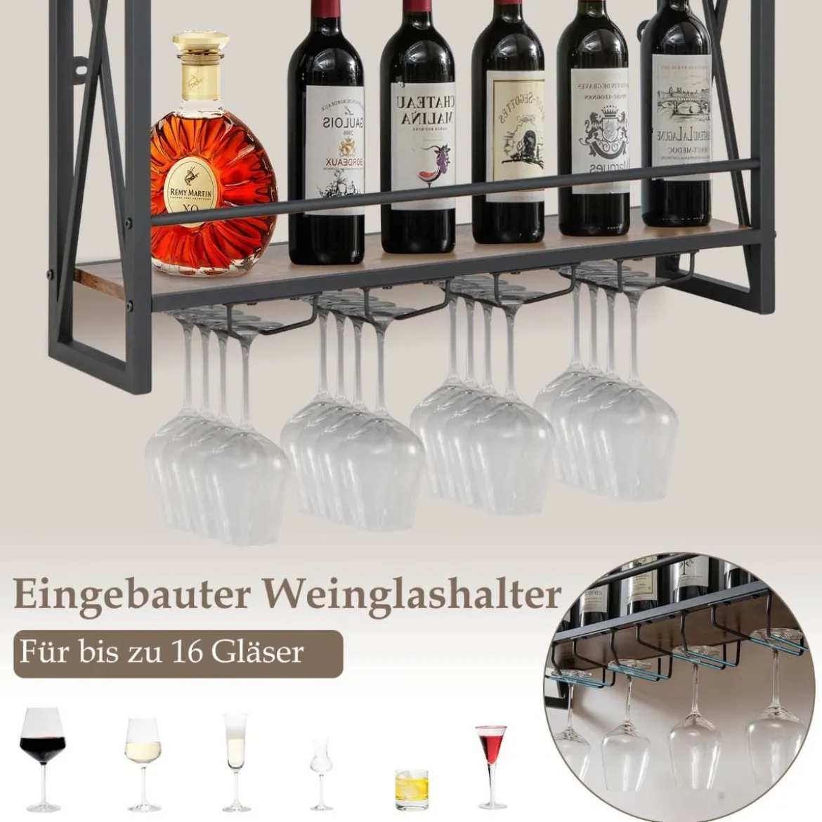 3 Ebenen Wand-Weinregal aus Metall mit Glashalter Industrial Design Rustikales Braun