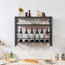 3 Ebenen Wand-Weinregal aus Metall mit Glashalter Industrial Design Rustikales Braun