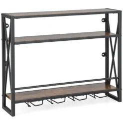 3 Ebenen Wand-Weinregal aus Metall mit Glashalter Industrial Design Rustikales Braun