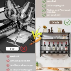 3 Ebenen Wand-Weinregal aus Metall mit Glashalter Industrial Design Rustikales Braun