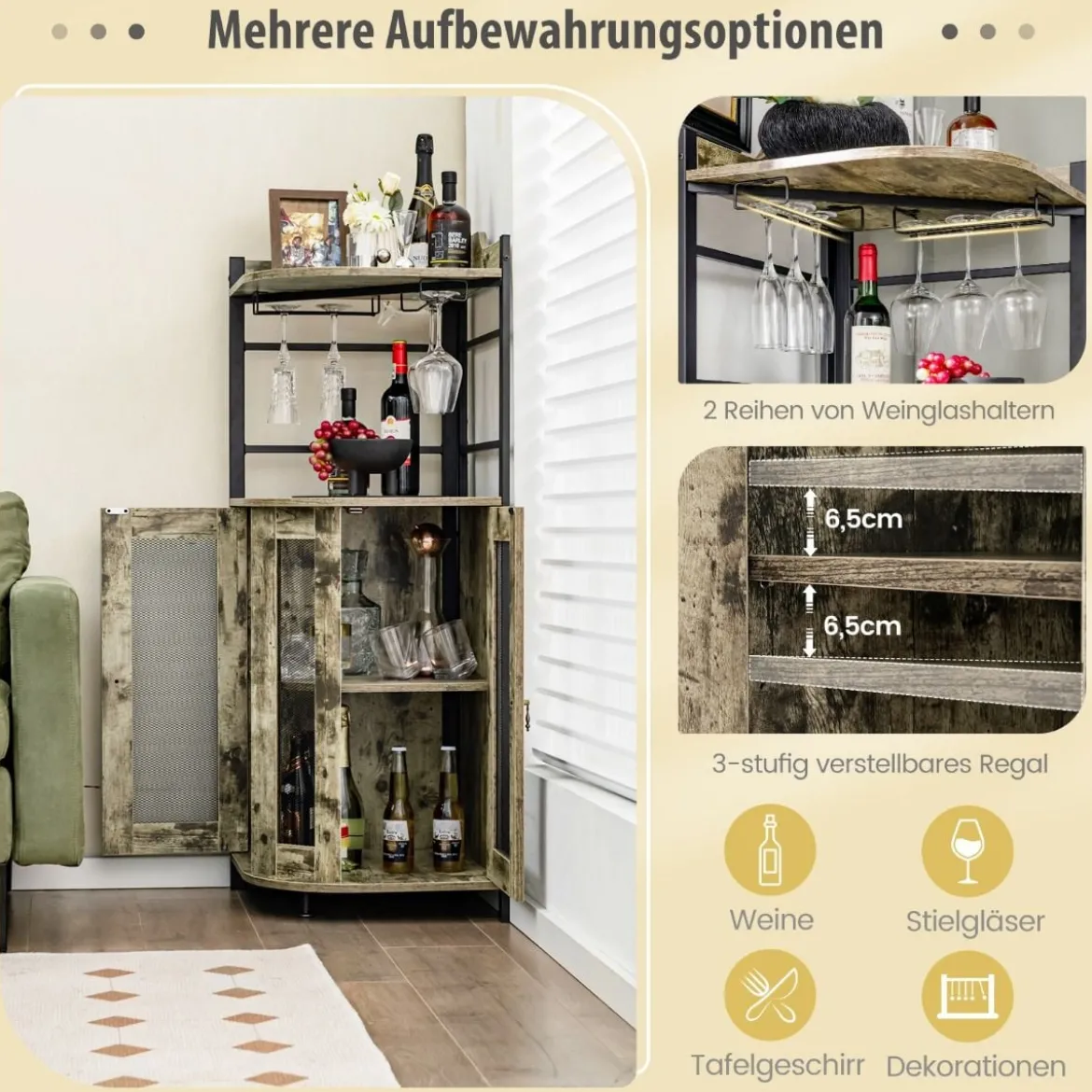 Eck-Barschrank mit Glashalter & Metallgittertüren & Verstellbarem Regal Weinschrank Barschrank