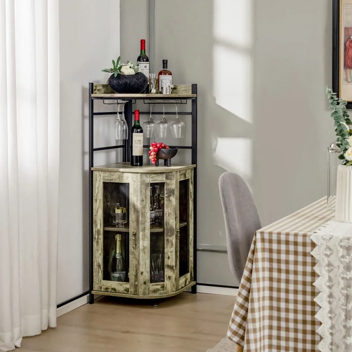 Eck-Barschrank mit Glashalter & Metallgittertüren & Verstellbarem Regal Weinschrank Barschrank