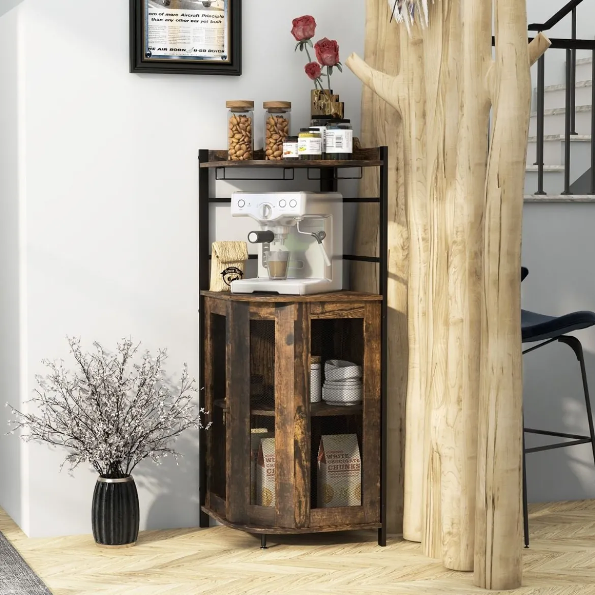 Eck-Barschrank mit Glashalter & Metallgittertüren & Verstellbarem Regal Weinschrank Barschrank