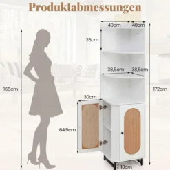 Eck-Bücherregal aus PE-Rattan 172 cm Hochschrank mit 2 Türen & 4 Offenen Regalen Weiß