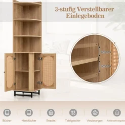 Eck-Bücherregal aus PE-Rattan 172 cm Hochschrank mit 2 Türen & 4 offenen Regalen Natur