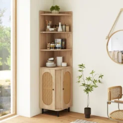 Eck-Bücherregal aus PE-Rattan 172 cm Hochschrank mit 2 Türen & 4 offenen Regalen Natur