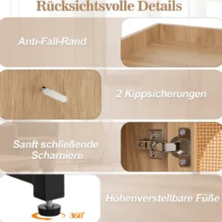 Eck-Bücherregal aus PE-Rattan 172 cm Hochschrank mit 2 Türen & 4 offenen Regalen Natur