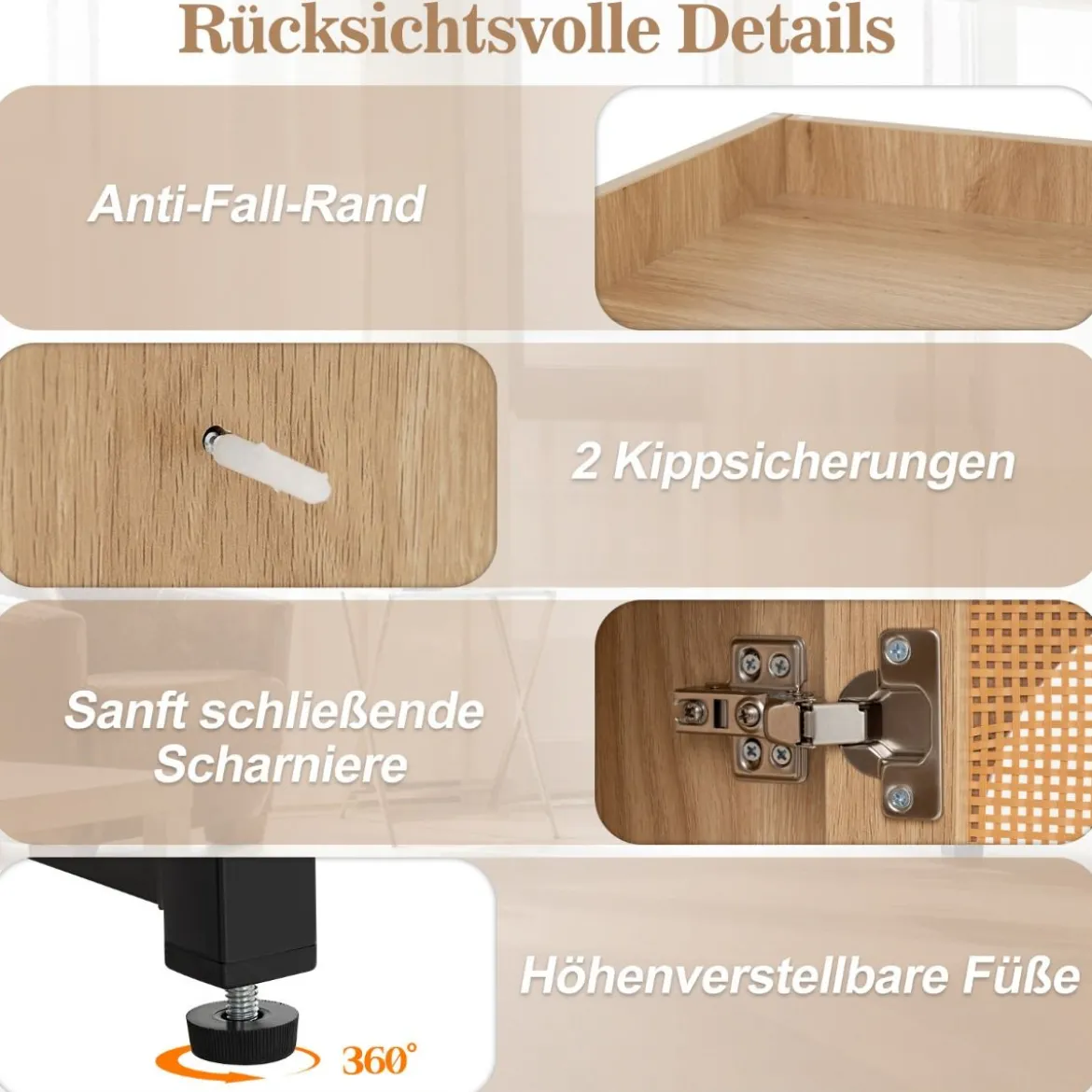 Eck-Bücherregal aus PE-Rattan 172 cm Hochschrank mit 2 Türen & 4 offenen Regalen Natur