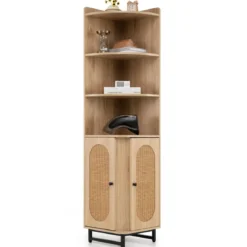 Eck-Bücherregal aus PE-Rattan 172 cm Hochschrank mit 2 Türen & 4 offenen Regalen Natur