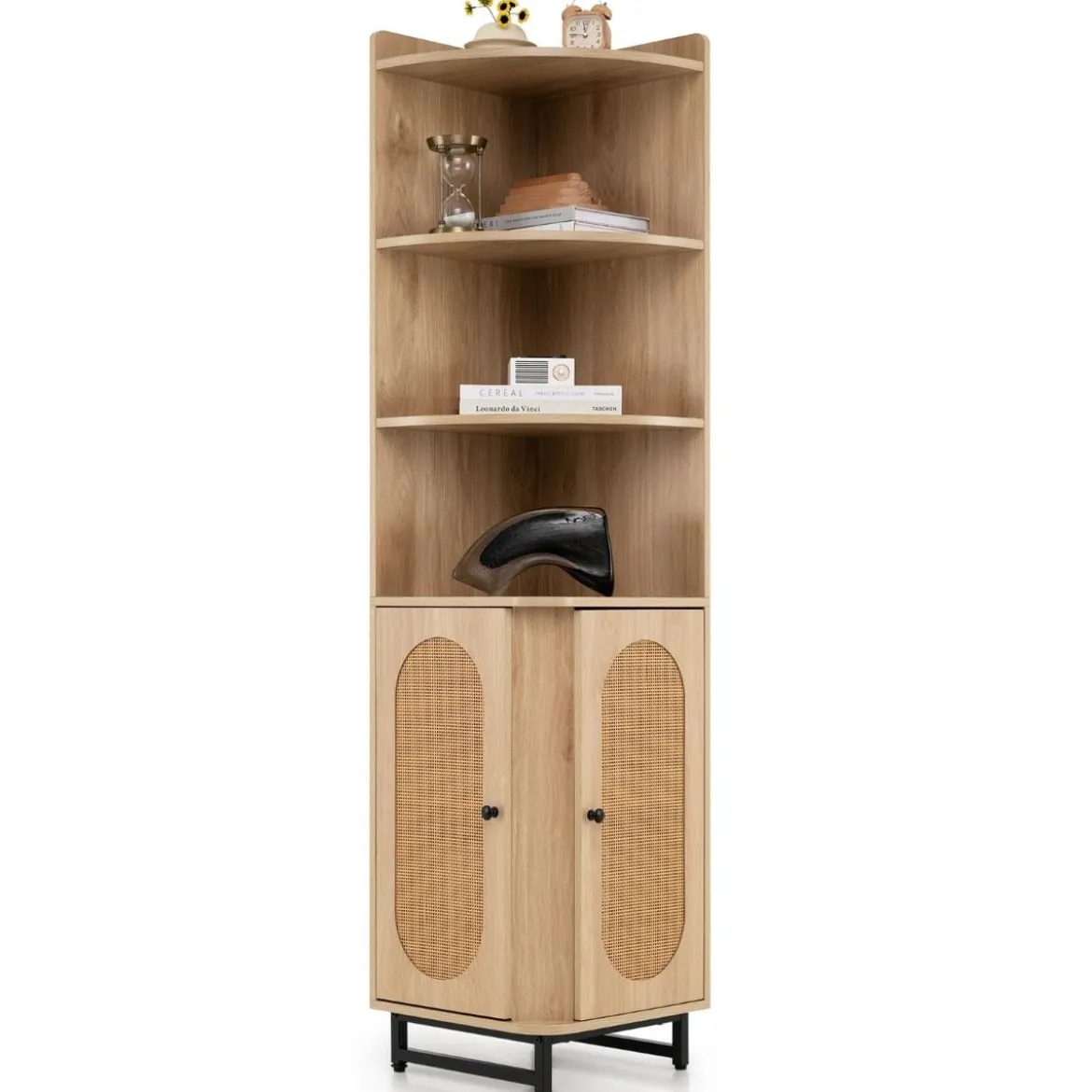 Eck-Bücherregal aus PE-Rattan 172 cm Hochschrank mit 2 Türen & 4 offenen Regalen Natur