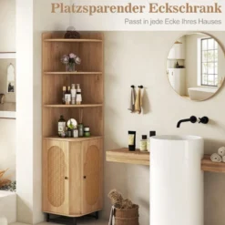 Eck-Bücherregal aus PE-Rattan 172 cm Hochschrank mit 2 Türen & 4 offenen Regalen Natur