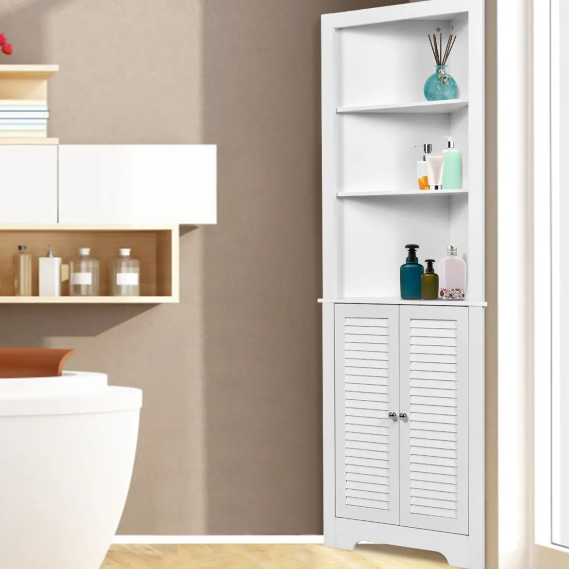 Ecke Badezimmerschrank mit 3 Offenen Regalen & 2 Lamellentür Bad Eckschrank Hochschrank Weiß