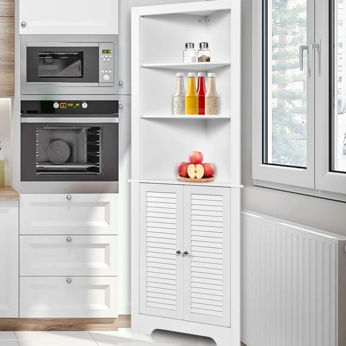 Ecke Badezimmerschrank mit 3 Offenen Regalen & 2 Lamellentür Bad Eckschrank Hochschrank Weiß