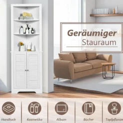 Ecke Badezimmerschrank mit 3 Offenen Regalen & 2 Lamellentür Bad Eckschrank Hochschrank Weiß