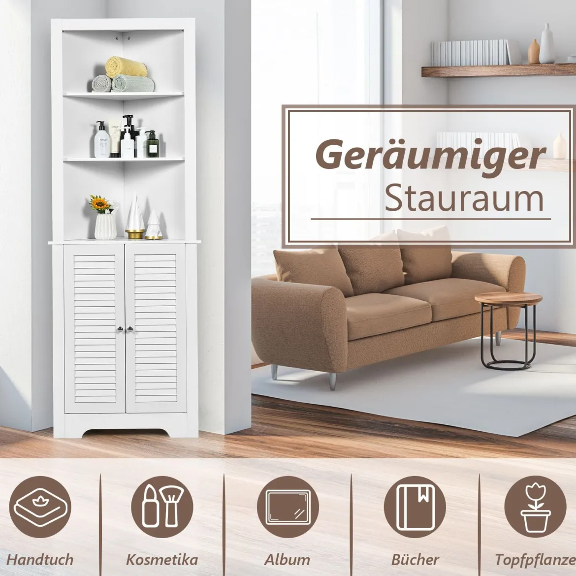 Ecke Badezimmerschrank mit 3 Offenen Regalen & 2 Lamellentür Bad Eckschrank Hochschrank Weiß