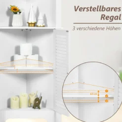 Ecke Badezimmerschrank mit 3 Offenen Regalen & 2 Lamellentür Bad Eckschrank Hochschrank Weiß