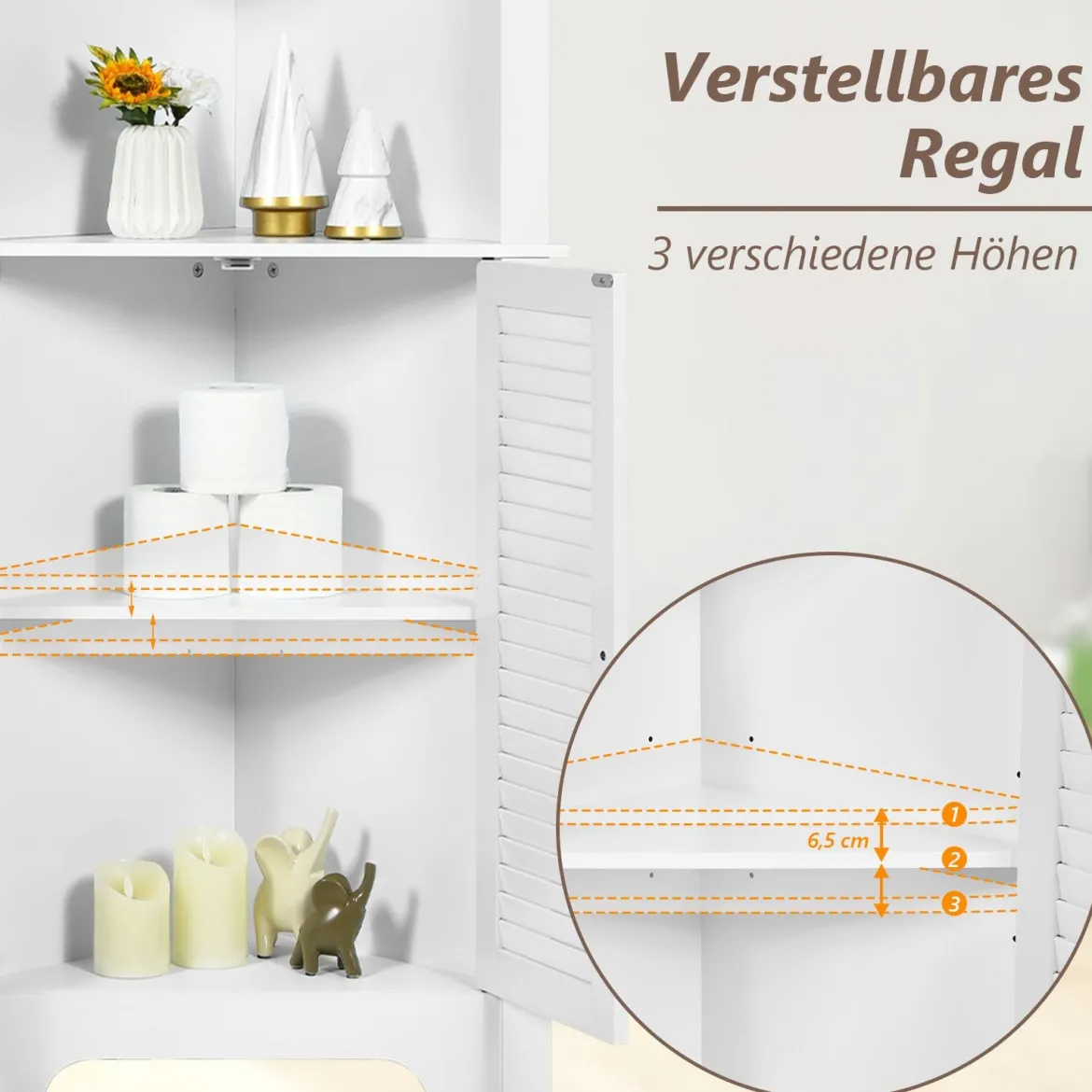 Ecke Badezimmerschrank mit 3 Offenen Regalen & 2 Lamellentür Bad Eckschrank Hochschrank Weiß