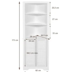 Ecke Badezimmerschrank mit 3 Offenen Regalen & 2 Lamellentür Bad Eckschrank Hochschrank Weiß