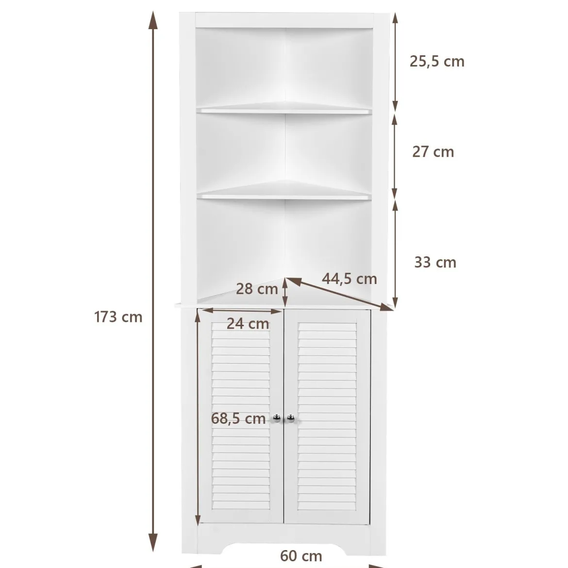 Ecke Badezimmerschrank mit 3 Offenen Regalen & 2 Lamellentür Bad Eckschrank Hochschrank Weiß