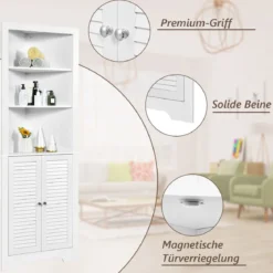 Ecke Badezimmerschrank mit 3 Offenen Regalen & 2 Lamellentür Bad Eckschrank Hochschrank Weiß