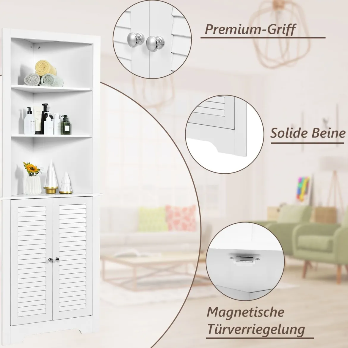 Ecke Badezimmerschrank mit 3 Offenen Regalen & 2 Lamellentür Bad Eckschrank Hochschrank Weiß