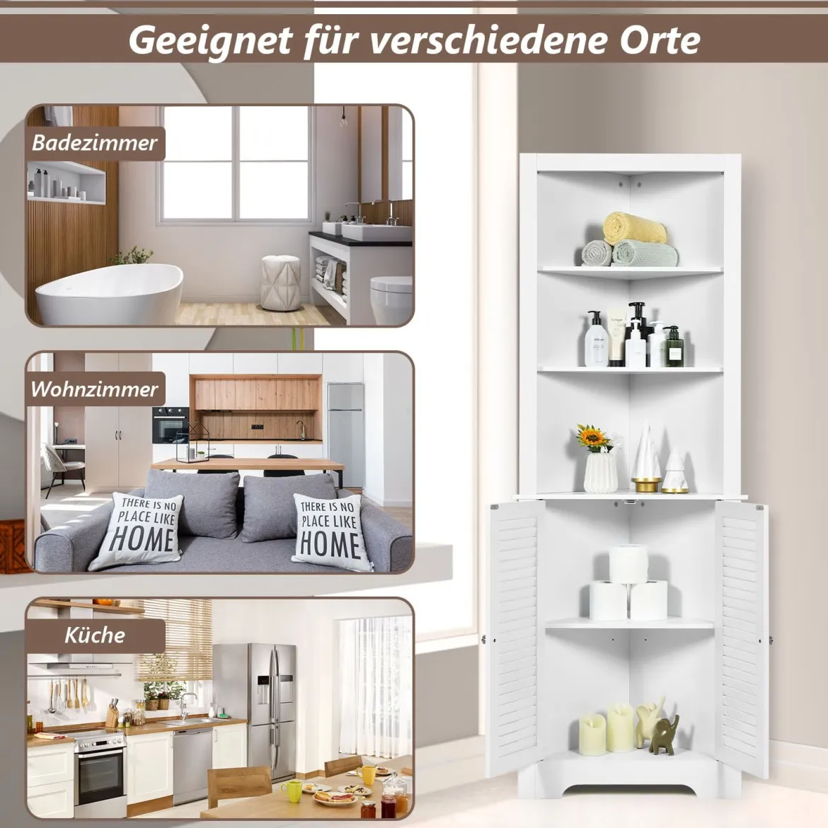 Ecke Badezimmerschrank mit 3 Offenen Regalen & 2 Lamellentür Bad Eckschrank Hochschrank Weiß