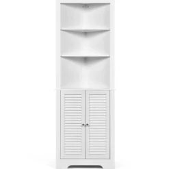Ecke Badezimmerschrank mit 3 Offenen Regalen & 2 Lamellentür Bad Eckschrank Hochschrank Weiß