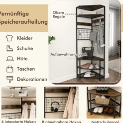 Eck Garderobenständer mit Schuhbank & 12 Metallhaken Freistehender Kleiderständer