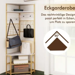 Eck Garderobenständer mit Schuhbank & 12 Metallhaken Freistehender Kleiderständer