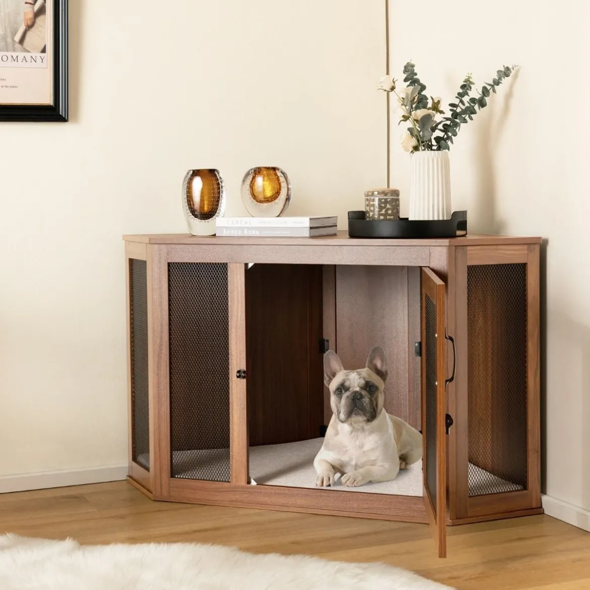 Eck-Haustierkiste Hundezwinger-Endtisch mit Gittertür & Kissen 114 x 59 x 67 cm Braun