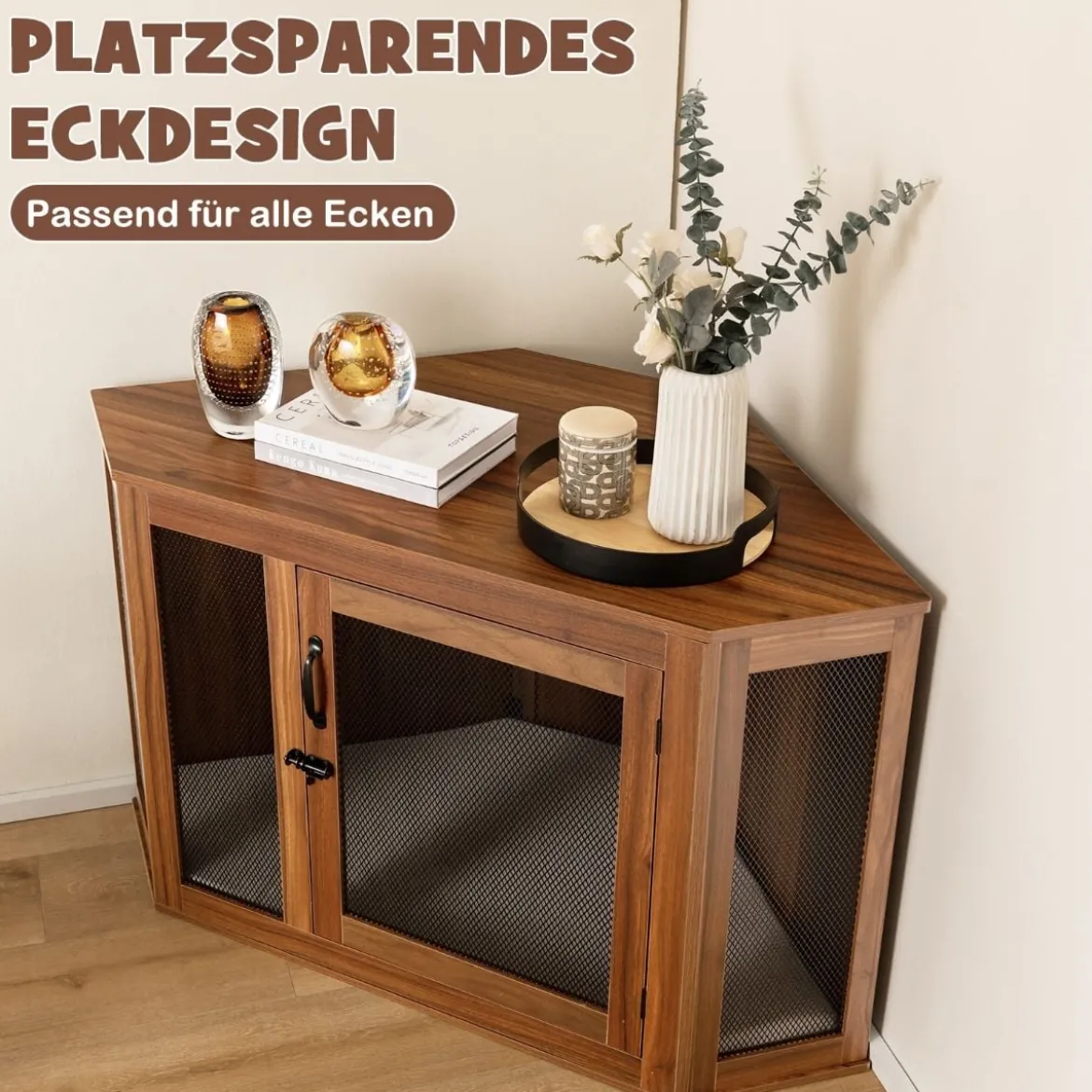 Eck-Haustierkiste Hundezwinger-Endtisch mit Gittertür & Kissen 114 x 59 x 67 cm Braun