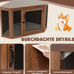 Eck-Haustierkiste Hundezwinger-Endtisch mit Gittertür & Kissen 114 x 59 x 67 cm Braun