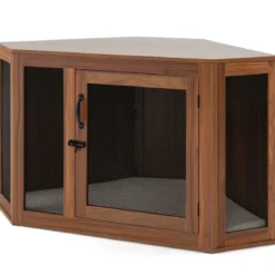 Eck-Haustierkiste Hundezwinger-Endtisch mit Gittertür & Kissen 114 x 59 x 67 cm Braun